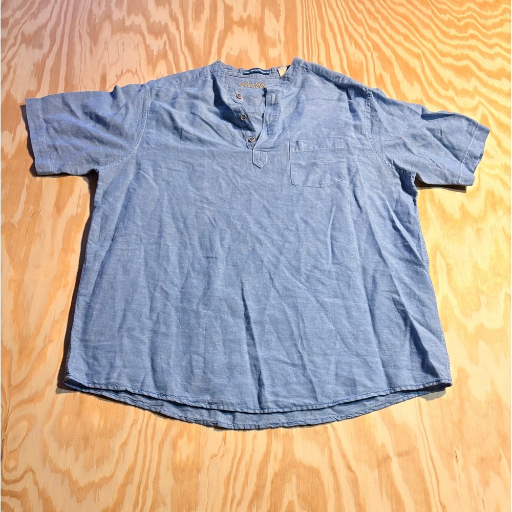 Caribbean Mens Linen Blend Henley Shirt Blue Short Sleeve Band Collar Large